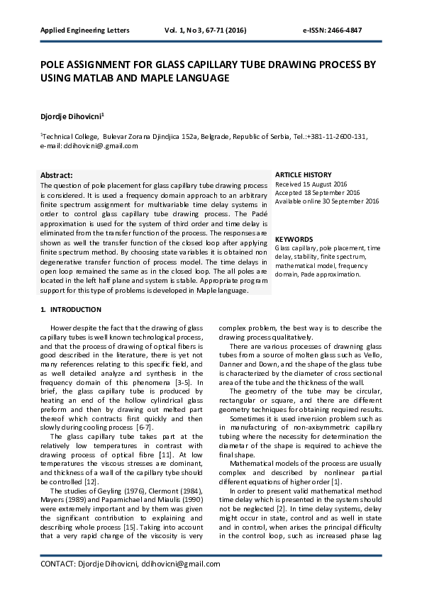 (PDF) POLE ASSIGNMENT FOR GLASS CAPILLARY TUBE DRAWING PROCESS BY USING