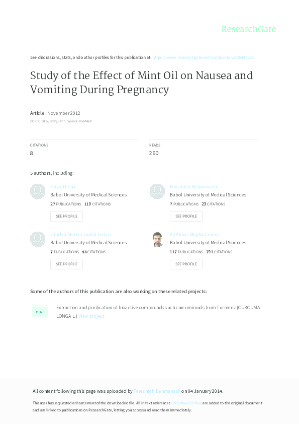 (PDF) Study of the Effect of Mint Oil on Nausea and Vomiting During