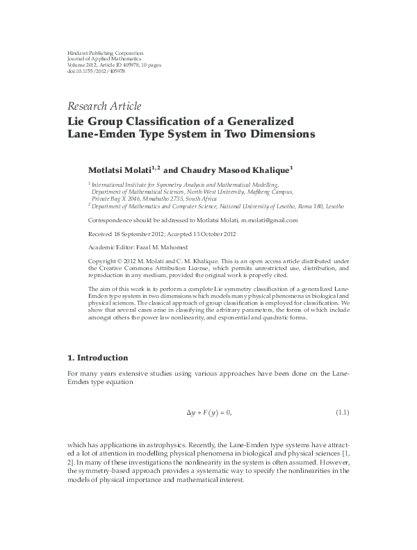(PDF) Lie Group Classification of a Generalized Lane-Emden Type System ...