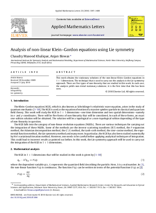 (PDF) Analysis of non-linear Klein–Gordon equations using Lie symmetry