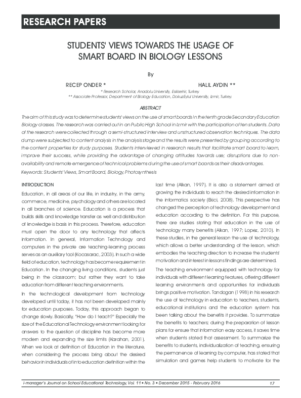 (PDF) STUDENTS' VIEWS TOWARDS THE USAGE OF SMART BOARD IN BIOLOGY LESSONS