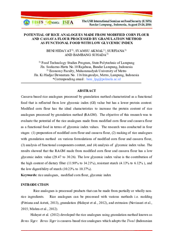 (PDF) Potential of Rice Analogues Made From Modified Corn Flour and ...