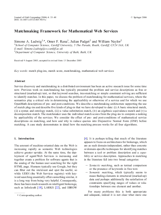 (PDF) Matchmaking Framework for Mathematical Web Services