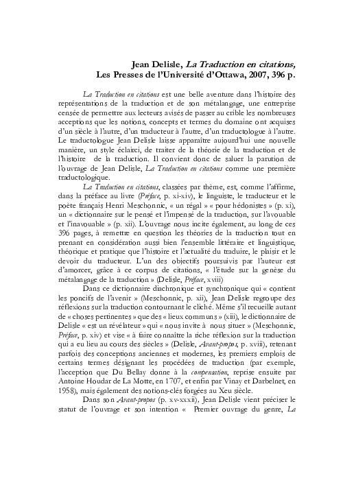 Pdf Jean Delisle La Traduction En Citations Les Presses De L Universite De L Ottawa 07 396 P Georgiana I Badea Lungu Badea Academia Edu