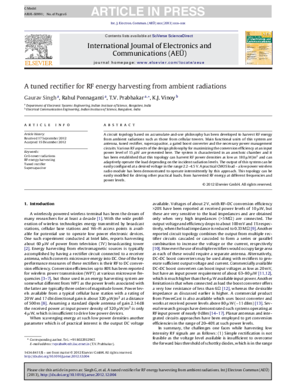 (PDF) A tuned rectifier for RF energy harvesting from ambient radiations