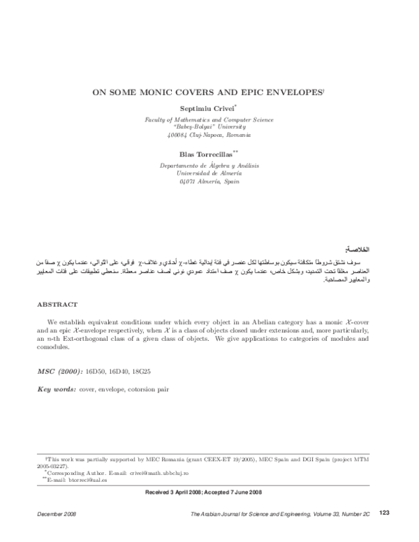 (PDF) On some monic covers and epic envelopes