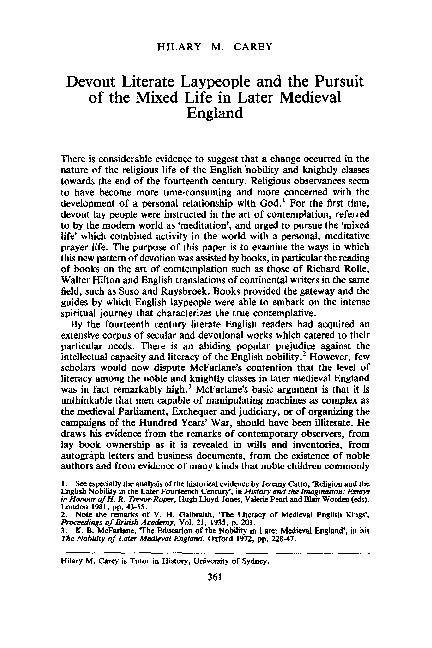 Devout Literate Laypeople and the Pursuit of the Mixed Life In Later Medieval England