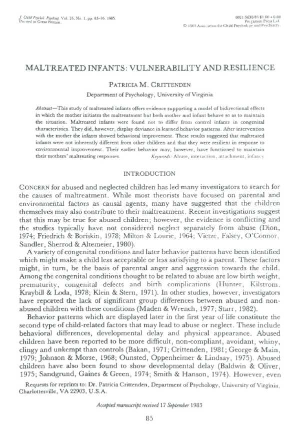 (PDF) Maltreated Infants: Vulnerability and Resilience