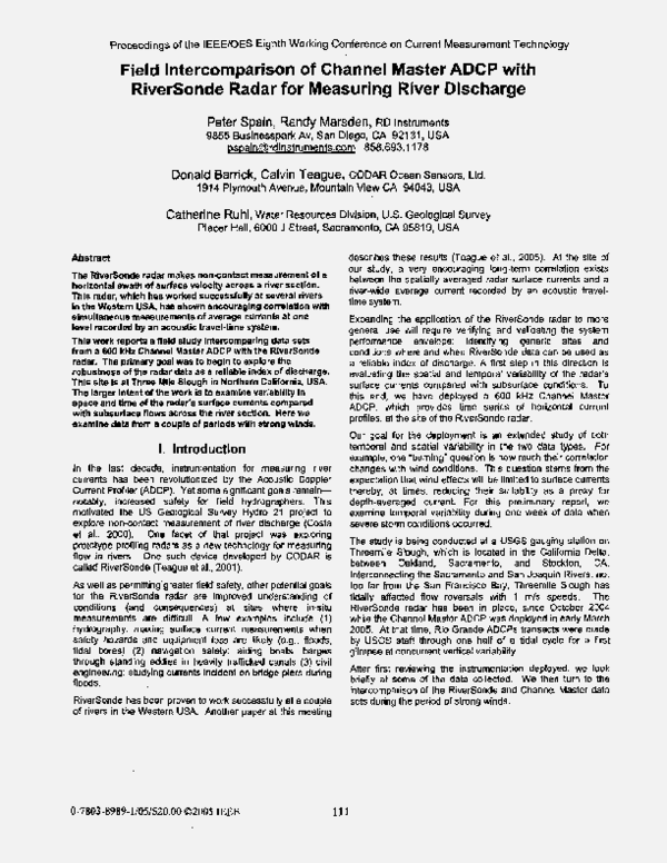 (PDF) Field intercomparison of Channel Master ADCP with RiverSonde ...