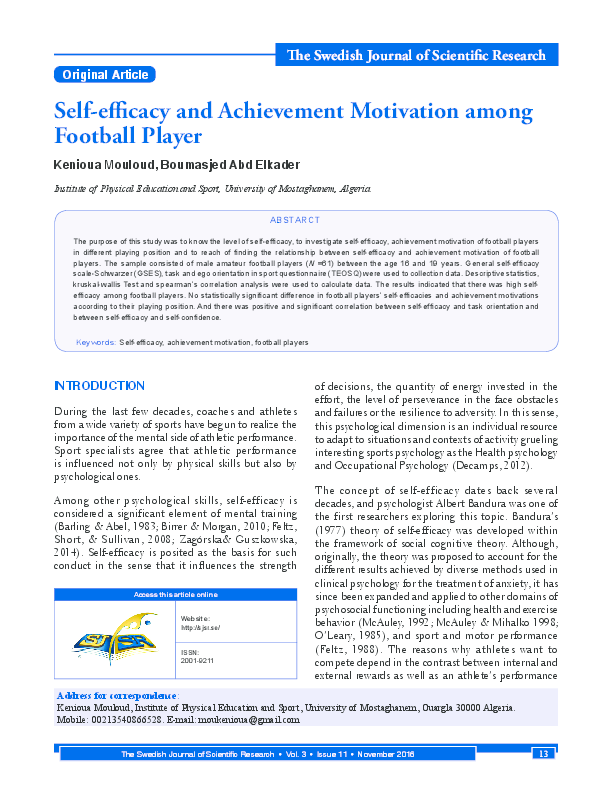 (PDF) Self efficacy and Achievement Motivation among Football Player