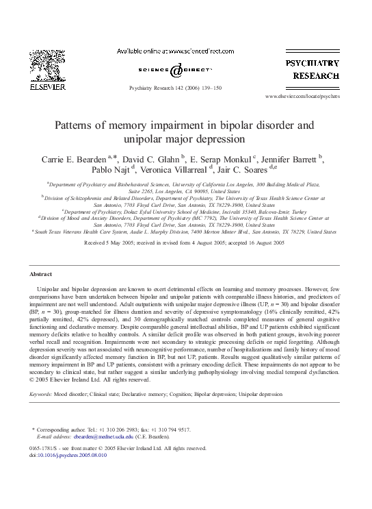 (PDF) Patterns of Memory Impairment In Bipolar Disorder and Unipolar ...