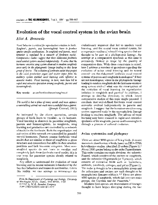 (PDF) Evolution of the vocal control system in the avian brain