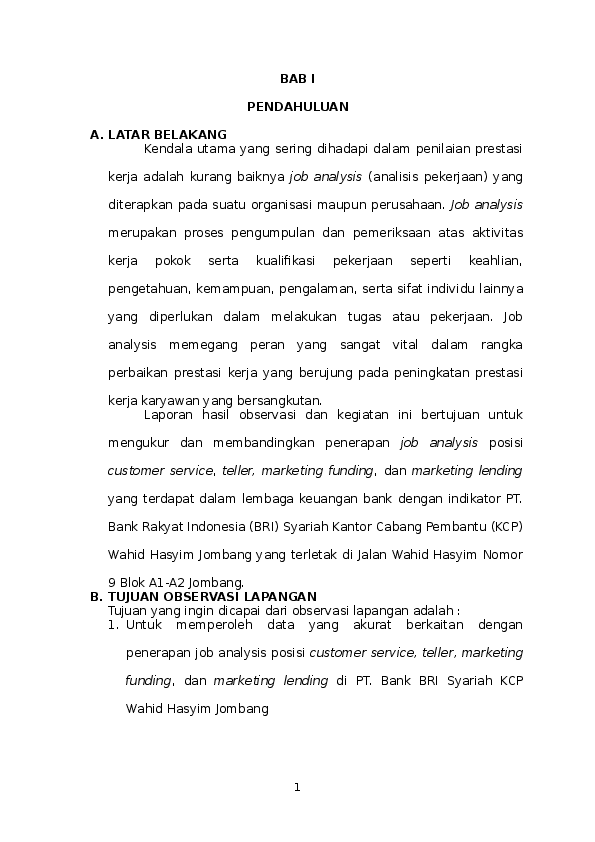 Doc Analisis Job Deskrispi Marketing Pembiayaan Pt Bank Bri Syariah Kcp Wahid Hasyim Jombang Agus Siswoyo Academia Edu