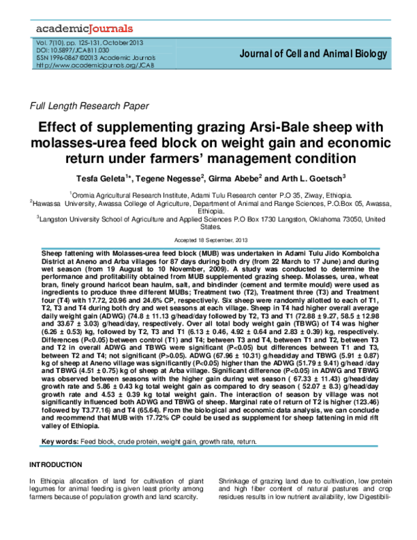 (PDF) Effect of supplementing grazing ArsiBale sheep with molasses