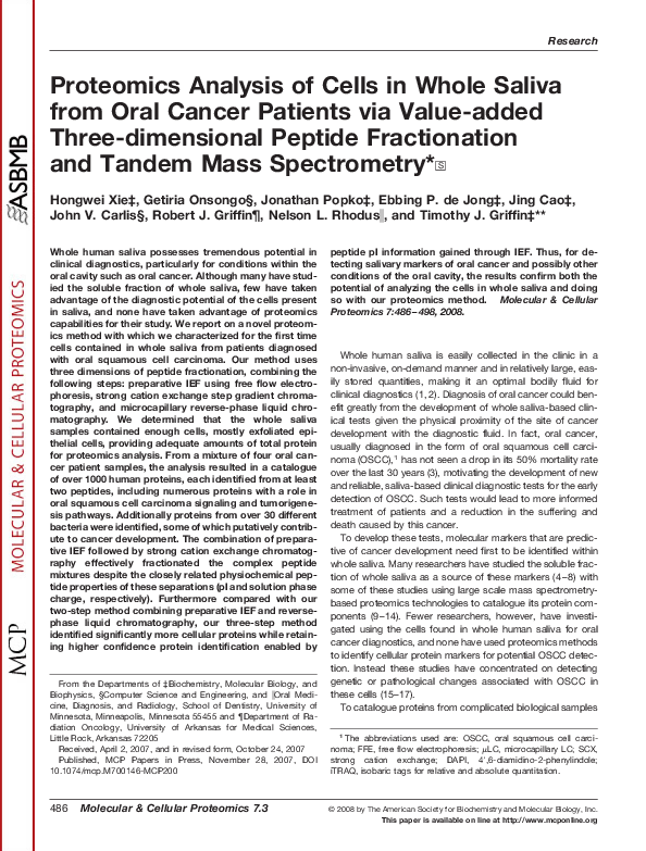 (PDF) Proteomics Analysis of Cells In Whole Saliva From Oral Cancer ...
