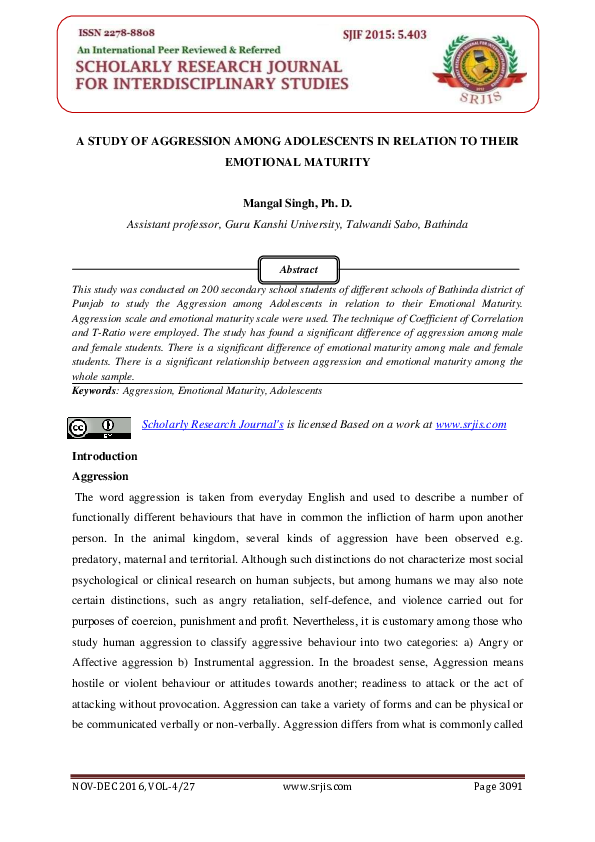 Pdf A Study Of Aggression Among Adolescents In Relation To Their Emotional Maturity International Scholarly Research Journal S Academia Edu