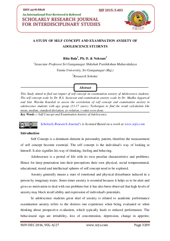 (PDF) A STUDY OF SELF CONCEPT AND EXAMINATION ANXIETY OF ADOLESCENCE ...