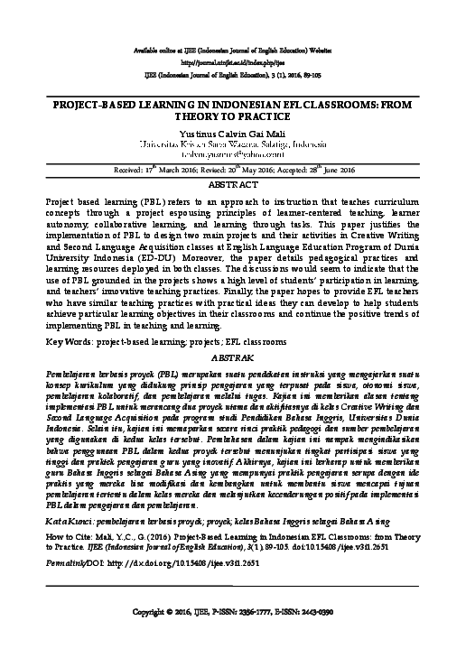 (PDF) Project Based Learning in Indonesian EFL Classrooms: From Theory ...