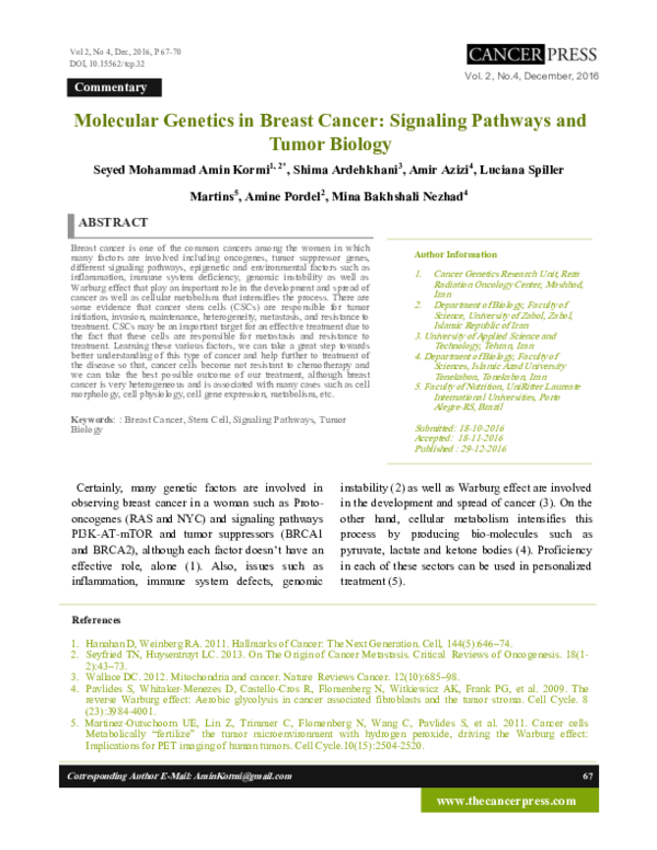 (PDF) Molecular Genetics in Breast Cancer Signaling Pathways and Tumor ...