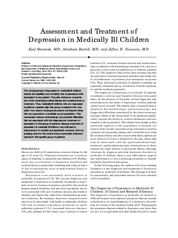 (PDF) Assessment and Treatment of Depression In Medically Ill Children