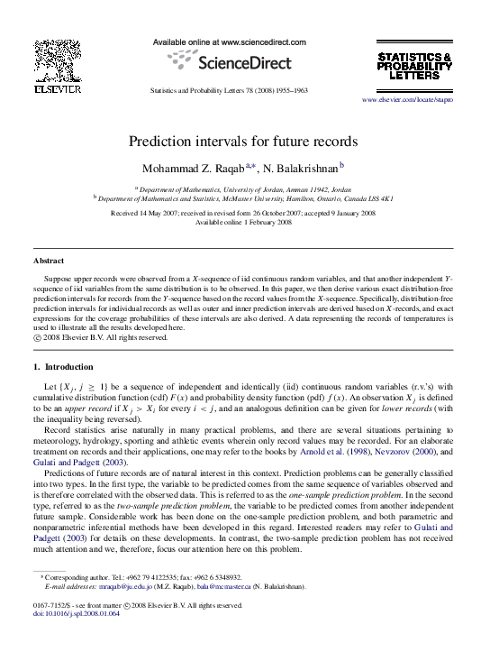 (PDF) Prediction intervals for future records