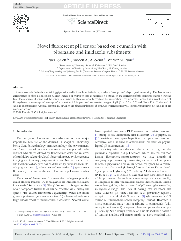 (PDF) Novel fluorescent pH sensor based on coumarin with piperazine and ...