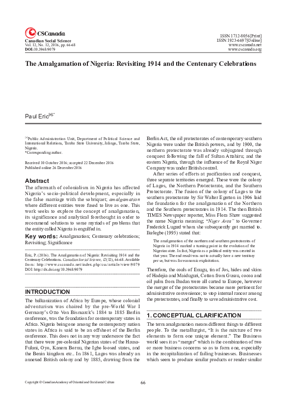 (PDF) The Amalgamation of Nigeria Revisiting 1914 and the Centenary