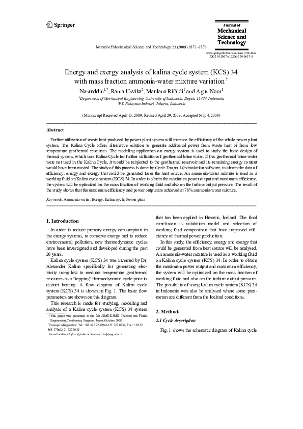 (PDF) Energy and Exergy Analysis of Kalina Cycle System (KCS) 34 With ...