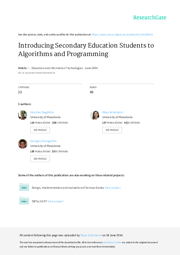 (PDF) Introducing Secondary Education Students to Algorithms and ...