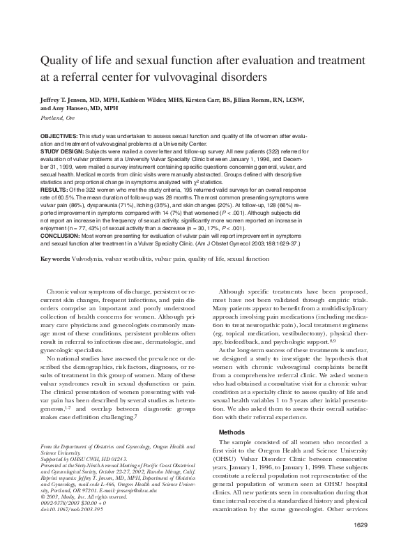 (PDF) Quality of life and sexual function after evaluation and ...