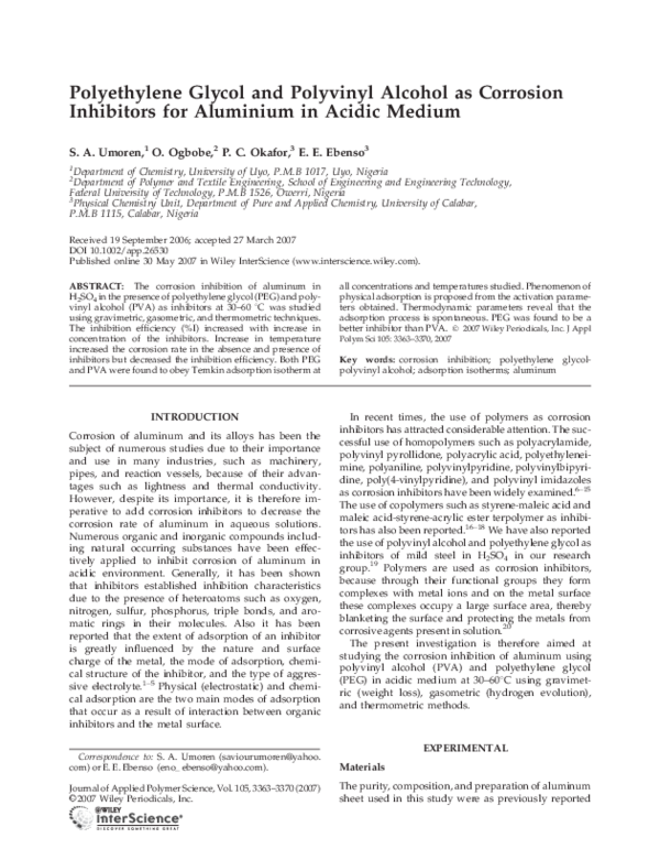 (PDF) Polyethylene glycol and polyvinyl alcohol as corrosion inhibitors