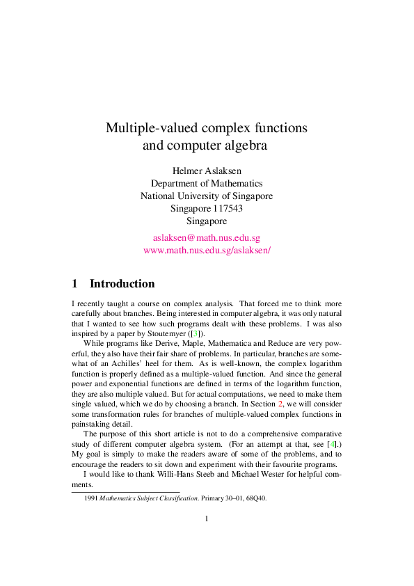 (PDF) Multiple-valued complex functions and computer algebra