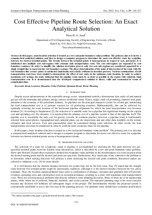 (PDF) Cost Effective Pipeline Route Selection An Exact Analytical Solution.pdf Firas Hasan