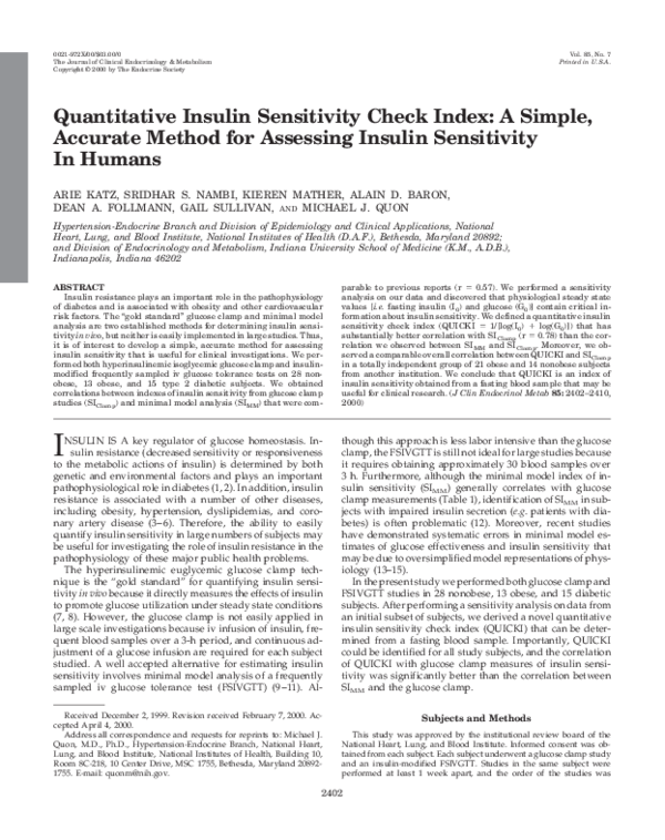 (PDF) Quantitative Insulin Sensitivity Check Index A Simple, Accurate Method for Assessing