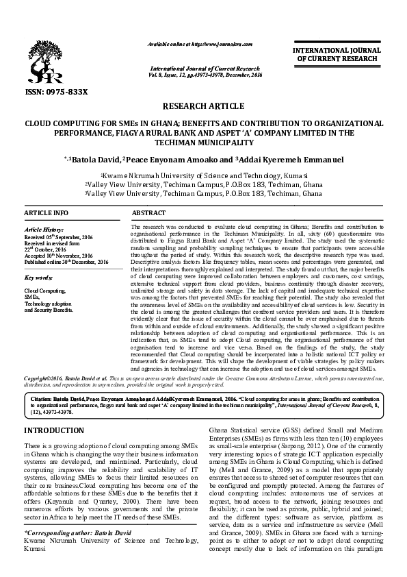 (PDF) CLOUD COMPUTING FOR SMEs IN GHANA; BENEFITS AND CONTRIBUTION TO ...