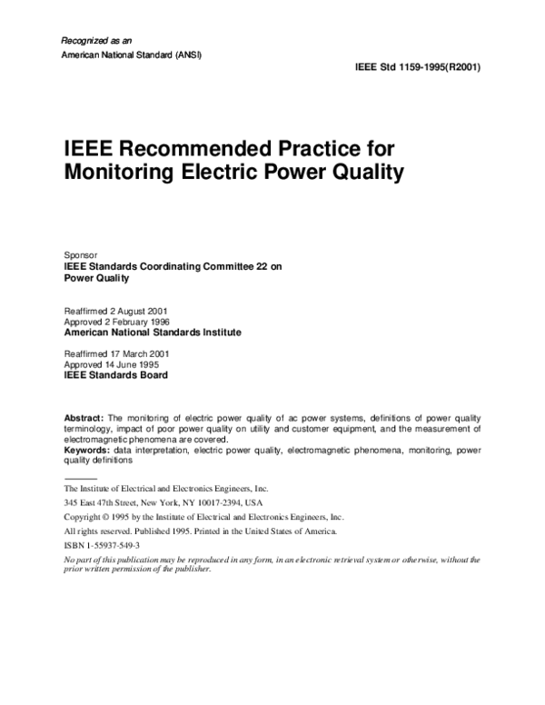 (PDF) IEEE Practice for Monitoring Electric Power Quality