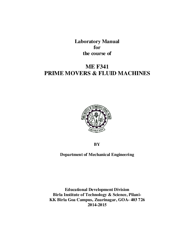 (PDF) Laboratory Manual for the course of ME F341 PRIME MOVERS & FLUID