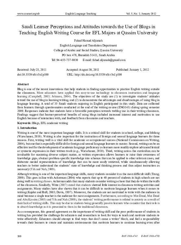 (PDF) Saudi Learner Perceptions and Attitudes towards the Use of Blogs ...