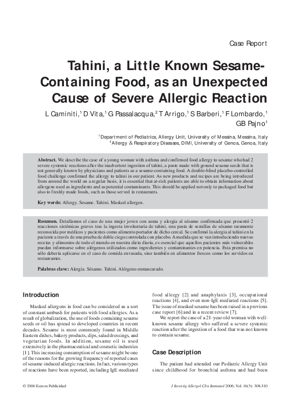 (PDF) Tahini, a Little Known Sesame Containing Food, as an Unexpected