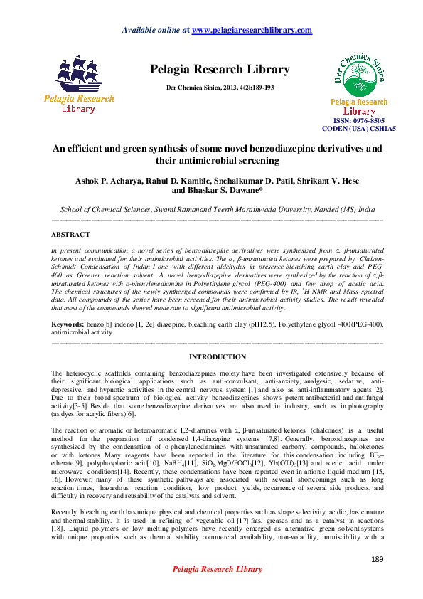 (PDF) An efficient and green synthesis of some novel benzodiazepine ...