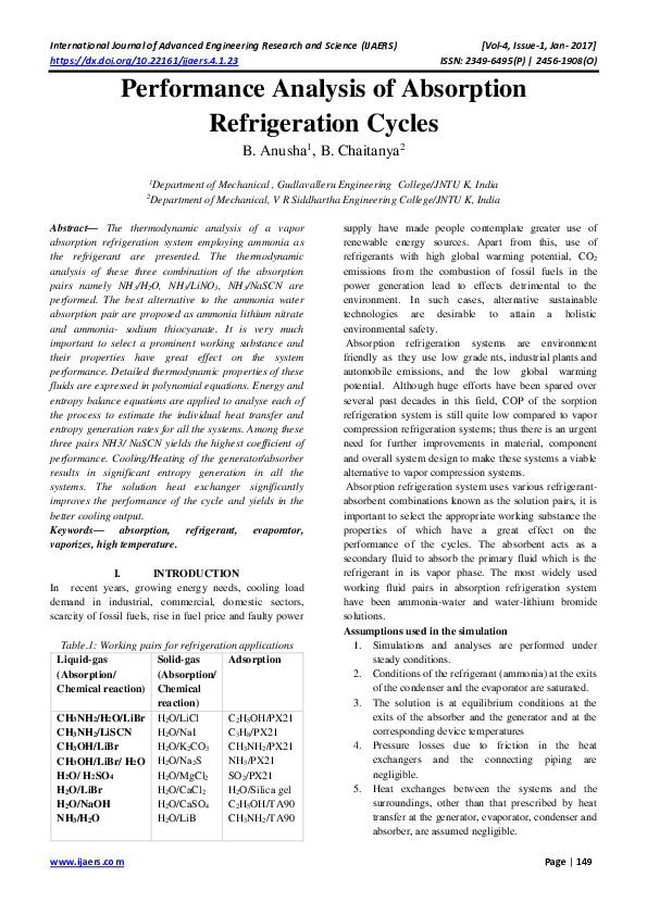 (PDF) Performance Analysis of Absorption Refrigeration Cycles IJAERS