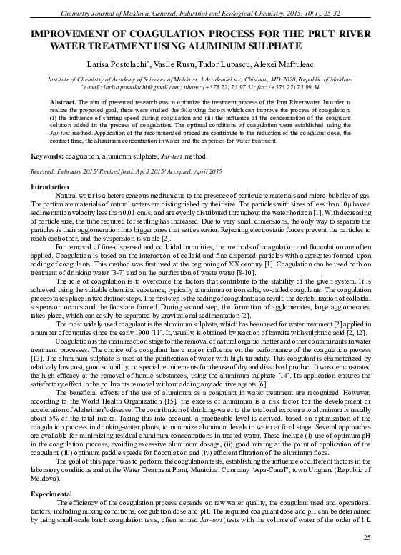 (PDF) IMPROVEMENT OF COAGULATION PROCESS FOR THE PRUT RIVER WATER