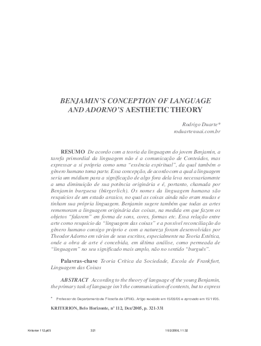 (PDF) Benjamin's conception of language and Adorno's aesthetic theory