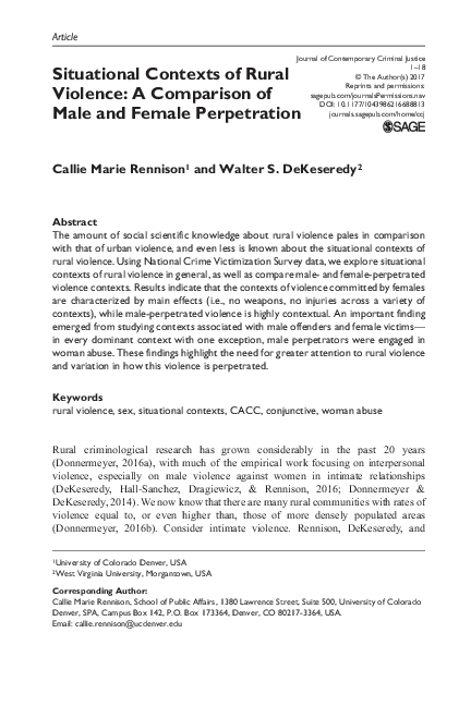 (PDF) Situational Contexts of Rural Violence: A Comparison of Male and ...