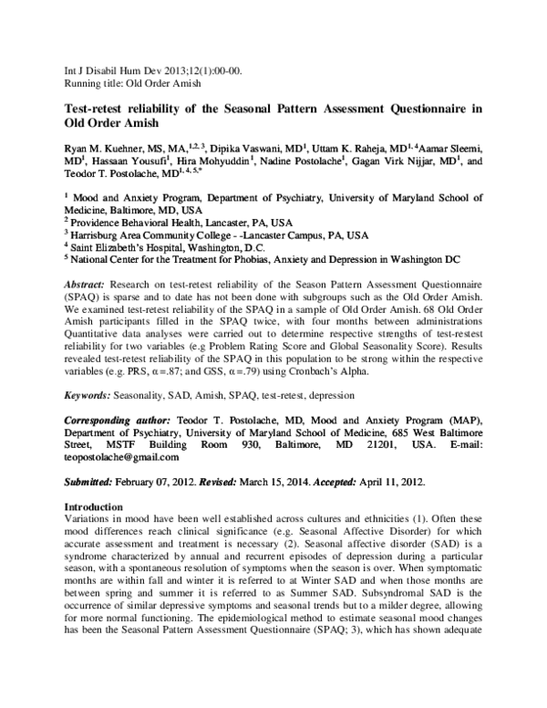 (PDF) Testretest reliability of the Seasonal Pattern Assessment