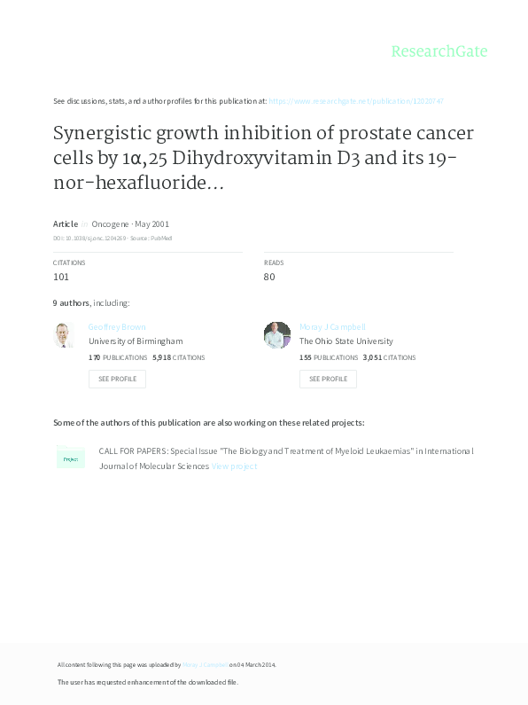 (PDF) Synergistic growth inhibition of prostate cancer cells by 1α,25 ...
