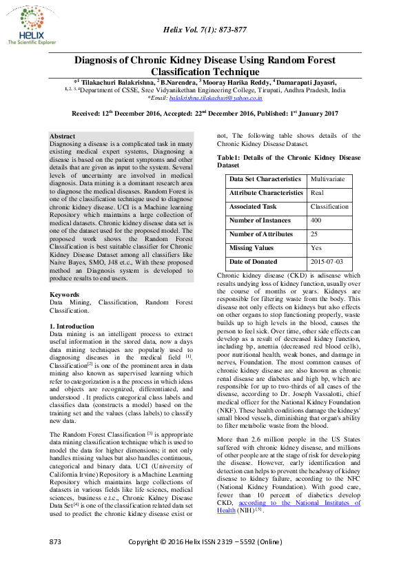 (PDF) Diagnosis of Chronic Kidney Disease Using Random Forest ...