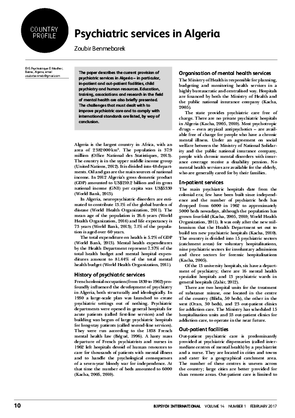 (PDF) Psychiatric services in Algeria | Zoubir Benmebarek - Academia.edu