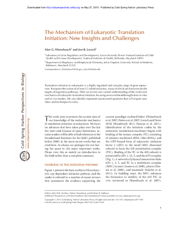 (PDF) The Mechanism of Eukaryotic Translation Initiation: New Insights ...
