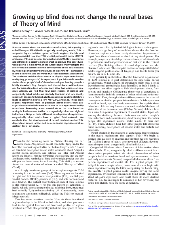 (PDF) Growing up blind does not change the neural bases of Theory of Mind